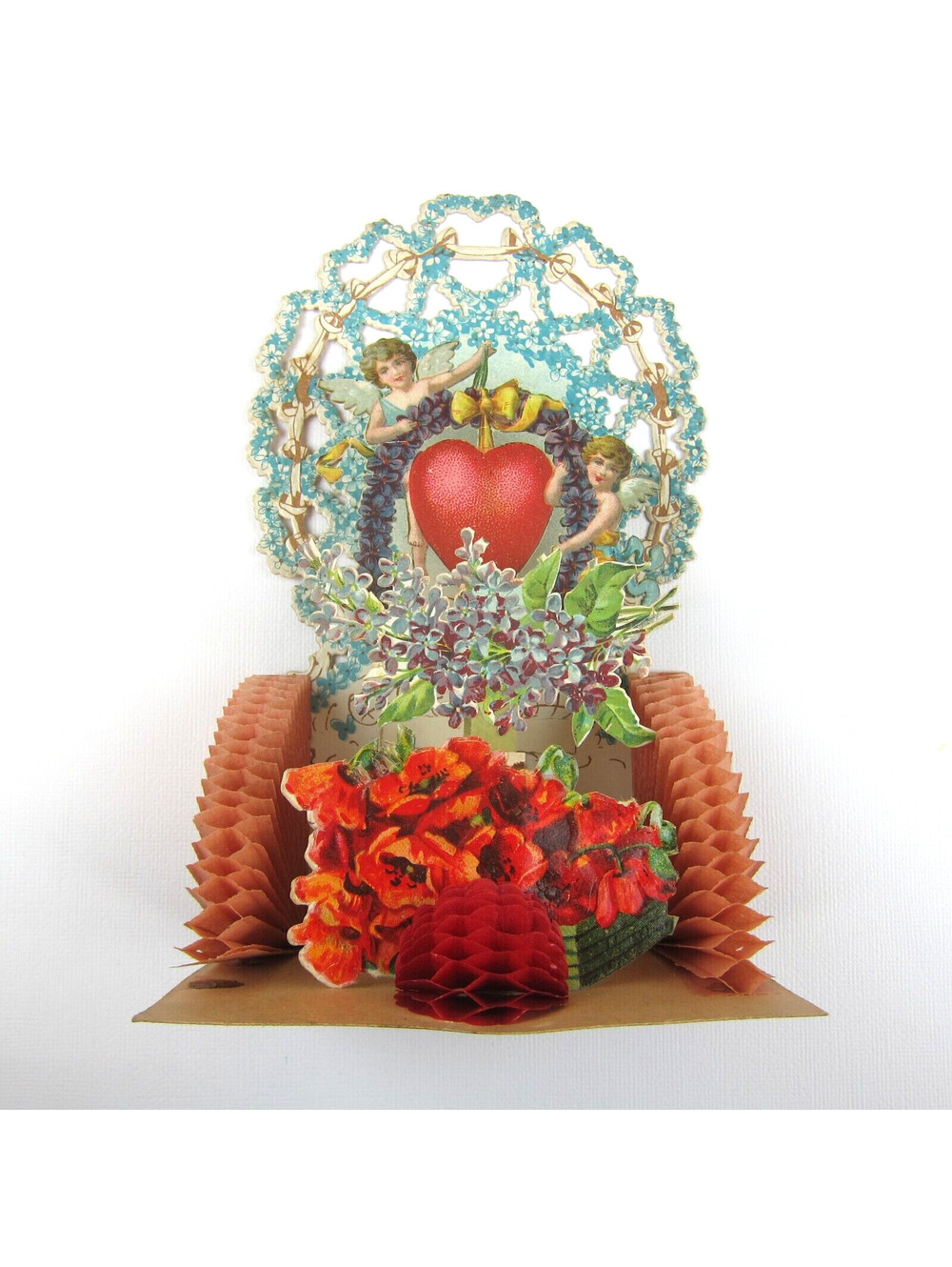 Antique Valentine Honeycomb 3D Pop Up Die Cut Cupid Angels Red Blue Flower LARGE